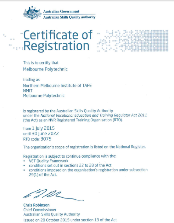 墨尔本理工学院RTO证书（组织机构代码证）